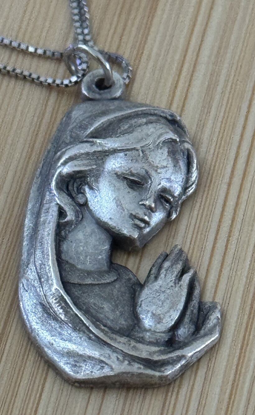 Vintage Italian Madonna Virgin Mary Pendant with Italy Sterling Silver Necklace